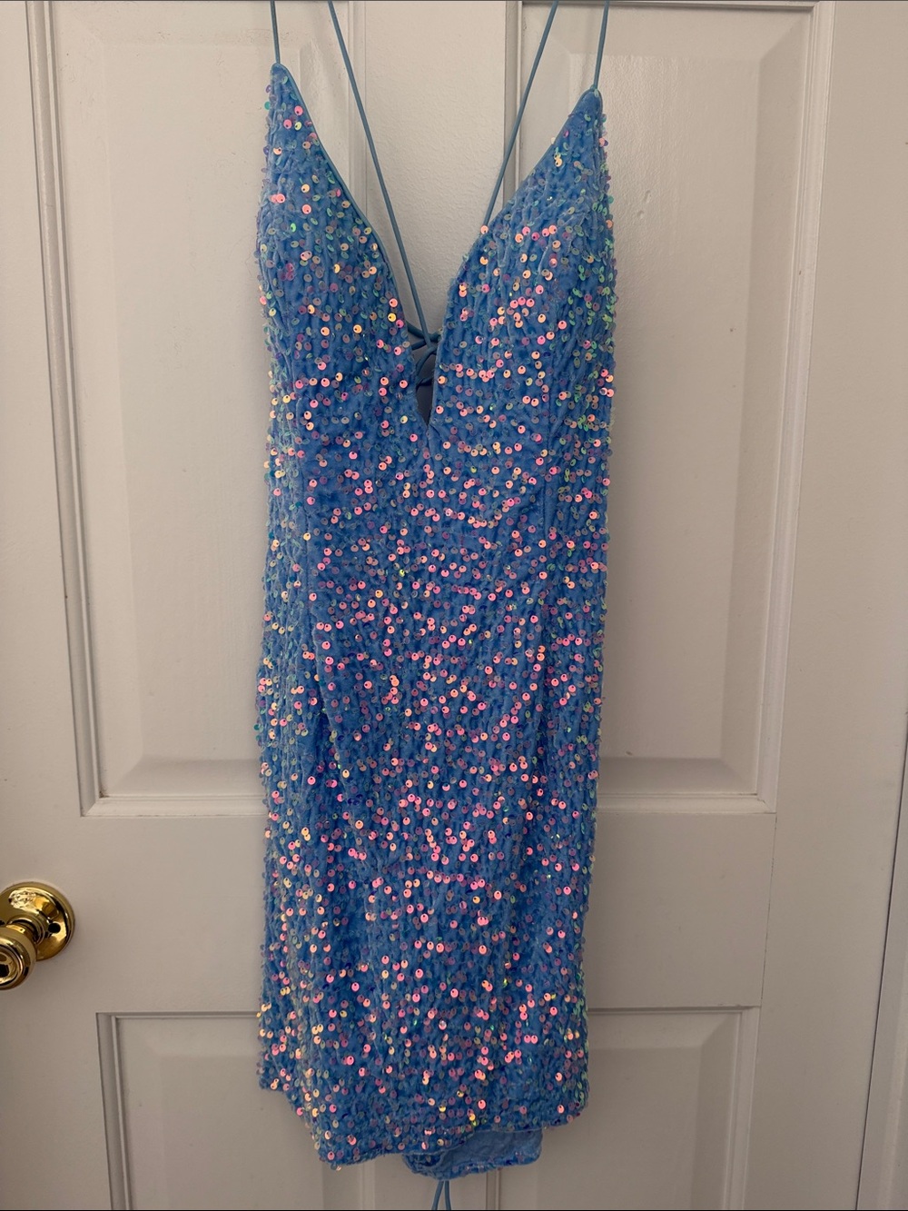 Blue Sequin Homecoming Mini Dress with Spaghetti Straps